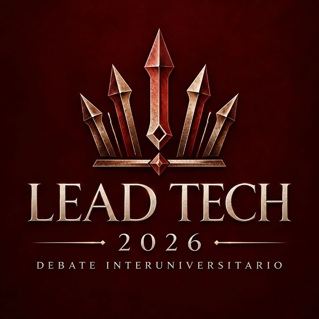 Portada de LEAD TECH 2026, debate interuniversitario: una corona de flechas sobre fondo vino.
