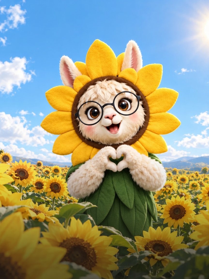 Minki, la mascota de LEAD UTP, con un disfraz de girasol haciendo un corazón con las patas